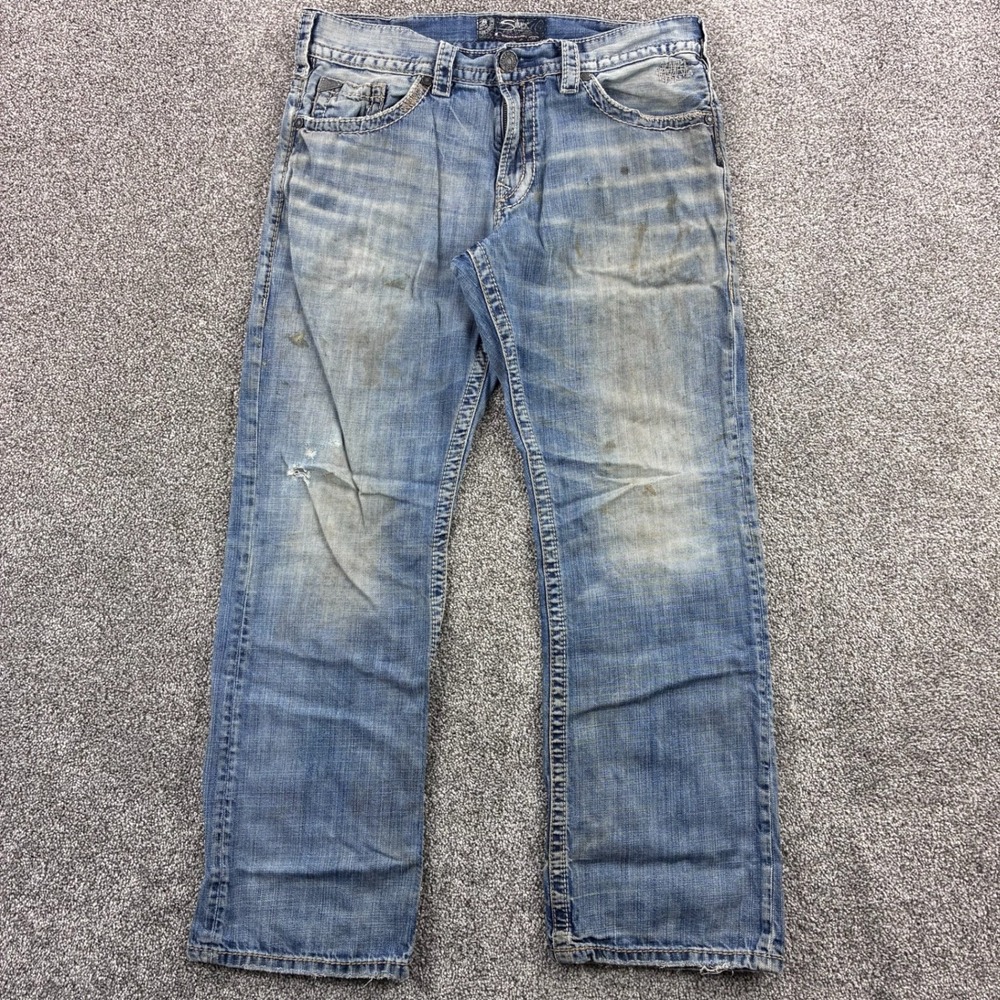 Vintage Y2k Silver Jeans Mens 34x32 Zac Relaxed Bootcut Stretch Faded Whiskering